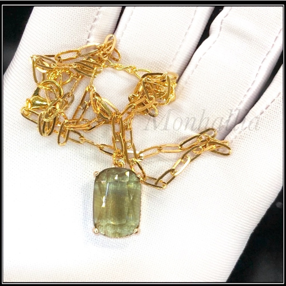 Smoky Moss Brown Earthy Cushion Crystal Pendant Gold Paperclip Chain Necklace